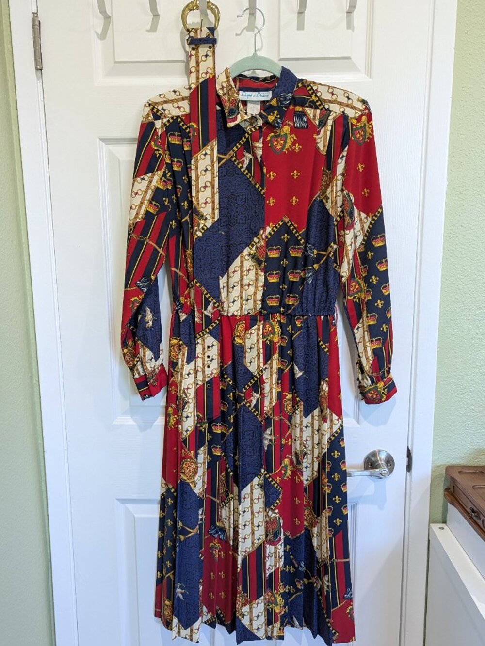 Vintage Draper's & Damon's Royal Motif Scarf Print Dress w/ Belt